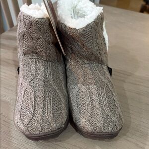 Muk Luks Taupe Cable Knit Sherpa-Lined Boot Slippers